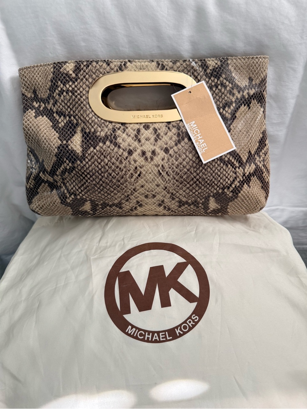 Michael Kors Snake-Print Clutch in Beige and Brown with Gold Handle